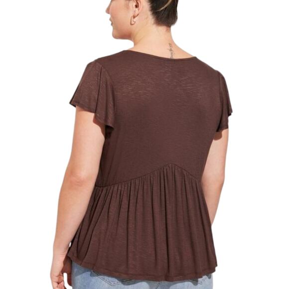 Torrid Chocolate Brown Knit V-Neck Lace Inset Babydoll Top Shirt Plus Size 3 3X - Picture 2 of 12